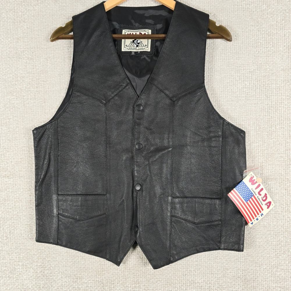 Wilda Mens Black Genuine Leather Biker Vest Snap Front Western Yoke Medium NEW